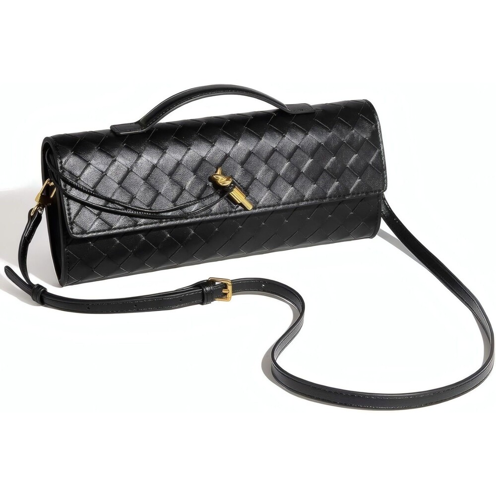 Women's Black Woven PU Leather Evening Clutch Purse Top Handle Shoulder Bag